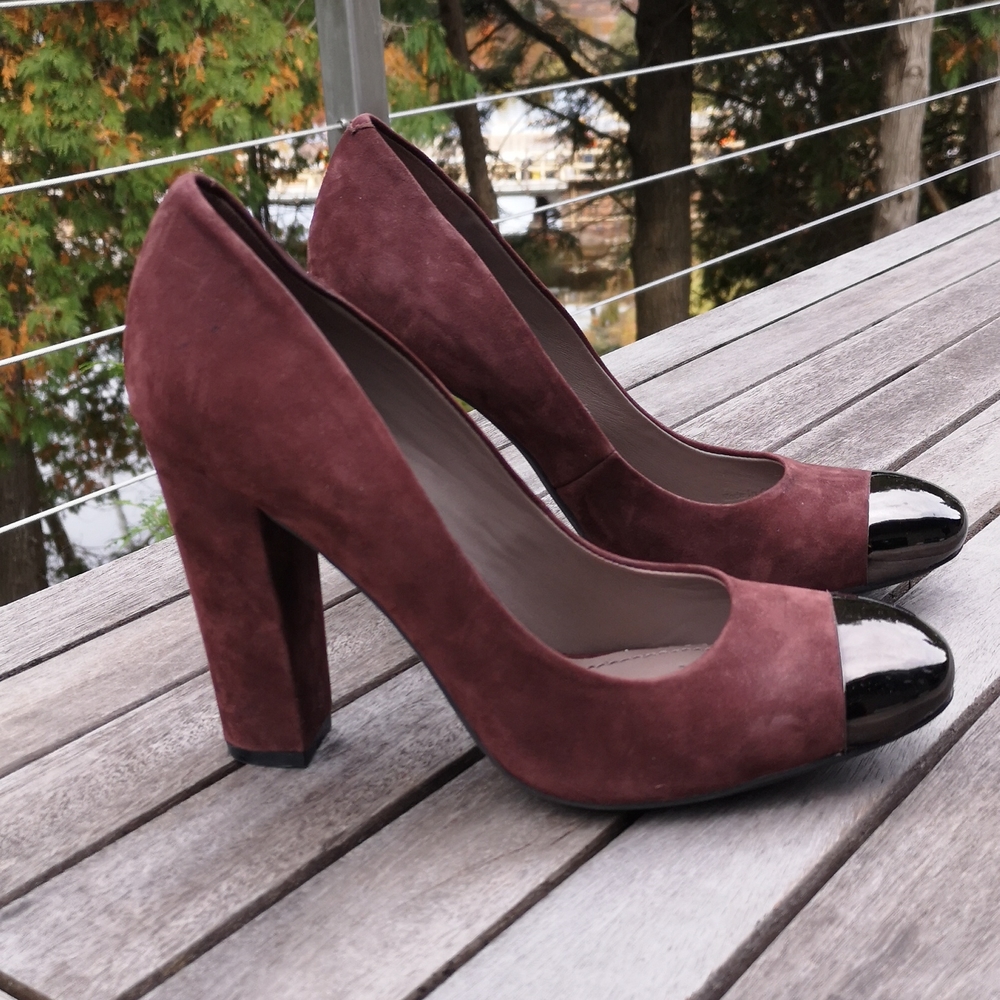 Perfect Fall shoes. Geox Women's Burgundy Suede Heels with Black Patent Toe